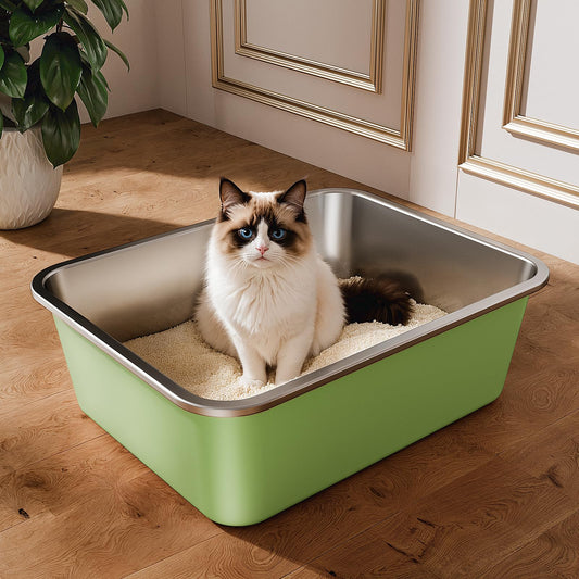 Qiuma Stainless Steel Litter Box, Large Metal Cat Litter Box with High Sided for Big and Small Cats, Non-Stick, Easy to Clean, Odor-Free, 17.5" L×13.6" W×5.9" H, Leaf Green