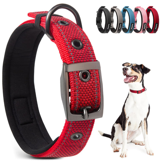 PetiFine Dog Collars for Medium Dogs, Neoprene Padded and Adjustable, Reflective Wide Heavy Duty Pet Collars with Durable Metal Belt Buckle for Walking, Red, M