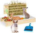 4 in 1 Rabbit Hay Feeder with Litter Box, Small Animals Hay Rack with Water Bottle, and 2 Bowls, Wooden Bunny Hay Holder