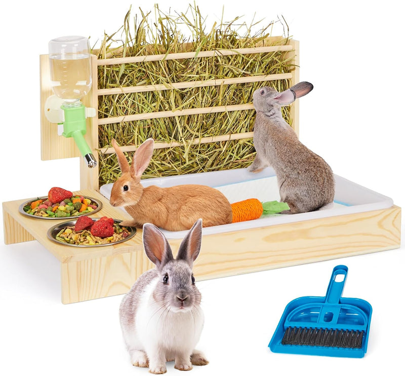 4 in 1 Rabbit Hay Feeder with Litter Box, Small Animals Hay Rack with Water Bottle, and 2 Bowls, Wooden Bunny Hay Holder