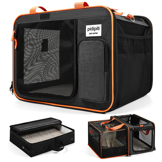 Pidipiti 20 x 14 x 14 Expandable car Travel Carrier for 1 Small-Medium cat,with a Portable Leakproof Litter Box