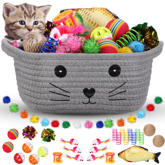 Zopeal 58 Pcs Summer Graduation Cat Storage Basket Gift Toys Set, Colorful Flashing Balls Pet Bell Crinkle Balls Spring Toys Attract Cat to Swat, Hunt, Interactive for Pet(Grey,9.8 Inch)