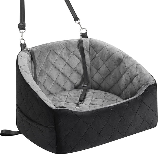 KANGREST Dog Car Seat for Small Dogs Up to 30 Lbs, Pet Travel Safety Bed for Puppy Cat, Fits in Front/Back Seat, Anti Slip Base, Fully Detachable Washable with 2 Safety Tether(Grey-Black)