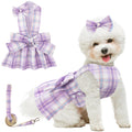 Plaid Dog Dresses for Small Dogs Girl Bowknot Harness Leash Set, Cute Small Dog Dress Harness Dogs Cat Clothes Female with Pearl Bow Hair Clip, Summer Puppy Dress Birthday Yorkies Chihuahua Outfits