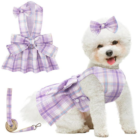 Plaid Dog Dresses for Small Dogs Girl Bowknot Harness Leash Set, Cute Small Dog Dress Harness Dogs Cat Clothes Female with Pearl Bow Hair Clip, Summer Puppy Dress Birthday Yorkies Chihuahua Outfits