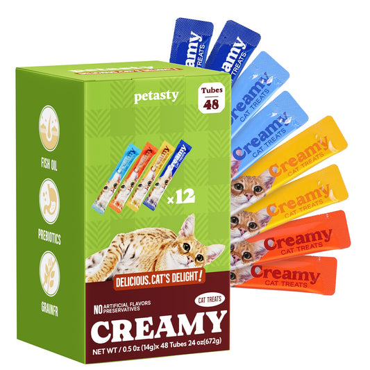 PETASTY Lickable Cat Treats, High Moisture Hydrating Creamy Puree Squeeze Tubes, Variety Pack, 48 Tubes 0.5oz, Grain-Free, Omega Oils & Vitamin E, Skin & Coat Health, Digestive and Immune Support