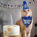 ADOGGYGO Cat Birthday Party Supplies, Birthday Boy Plaid Kitten Bandana, Blue Cat Party Hat with Numbers, Bowtie (Blue)