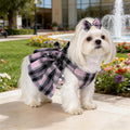 Dog Plaid Dress Harness and Leash Set with Pearls Bow Adjustable Puppy Dress Mesh Vest Bow Knot Pet Clothes for Cute Sma