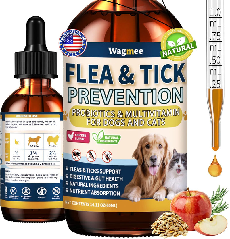 Flea and Tick Prevention for Cats and Dogs, Drops with Probiotics & Vitamin