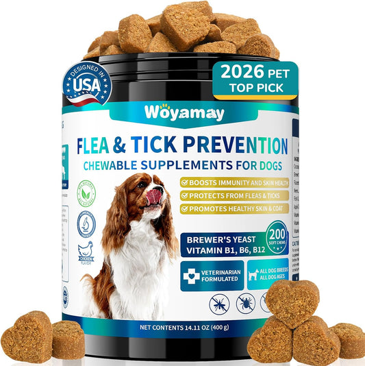 Woyamay Flea and Tick Prevention for Dogs Chewables, 200 Soft Treats, Natural Dog Flea and Tick Treatment, Oral Flea Chews for Dogs Supplement, Flea and Tick Chews for Dogs Puppies, All Breeds & Sizes