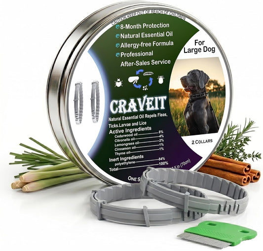 Craveit Dog Flea Collar, 2 Pack Flea Collar for Dogs Large, Gentle Plant-Based Tick Repellent for Large Dog, Waterproof 