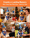 JZXOIVA Dog Birthday Party Supplies with Paw Print Kits, Dog Birthday Bandana Set, Cat Boy Girl Party Hat with Numbers for Large Medium Small Dogs, Adjustable Pet Anniversary Outfit, Blue