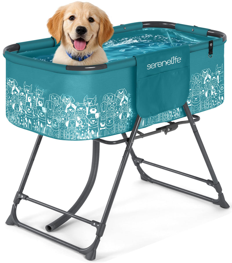 SereneLife Foldable Dog Bath Tub with Adjustable Height, 360° Access, Drain Hose & Storage Pockets – 130 lb Capacity Grooming Station for Indoor/Outdoor Use (Blue)