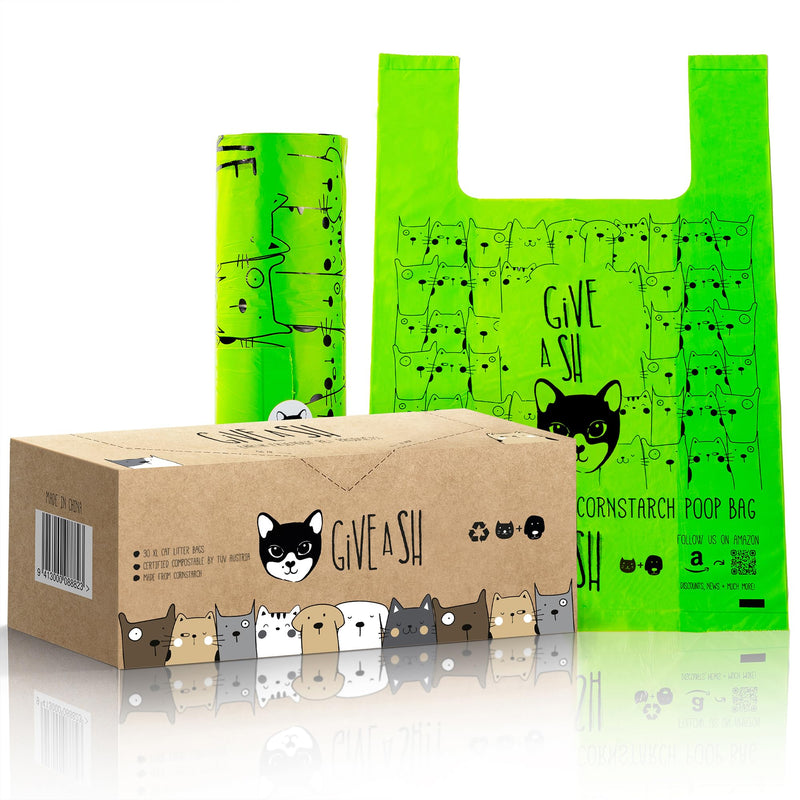 Certified Home Compostable Cat Litter Bags For Poop - 10% to Charity - Cornstarch-Based - For Cleaning Up Litter Trays - NF T51-800 Compliant - 30 Extra Large Disposable Bags