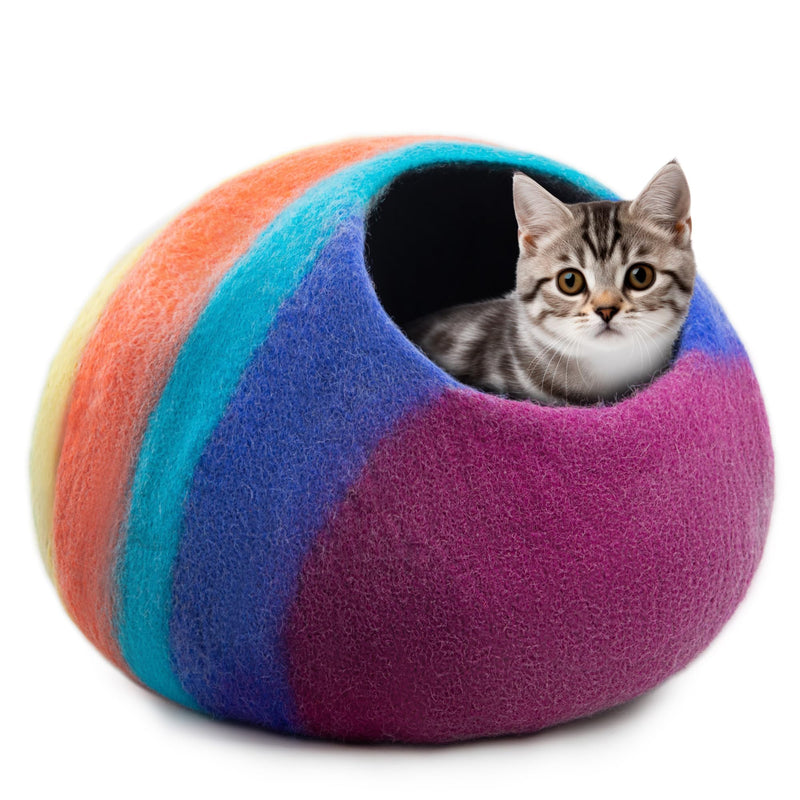 Woolygon Premium Felt Cat Cave Bed – Wool Kitty Beds Handcrafted Kitten Caves Bed for Indoor Cats - Made from Merino Wool, Foldable Cat Hideaway Covered Cat House Pod (Rainbow Twist)