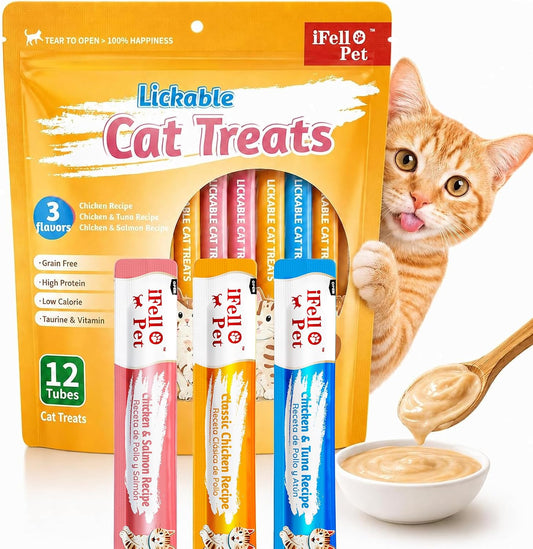 IFELLO Cat Treats, High-Meat High-Moisture Lickable Cat Treats, Variety Pack – Real Chicken & Seafood – Silky Creamy Purée – Grain-Free (15g Each | 12 Tubes)