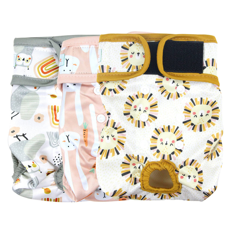 Langsprit Washable Female Dog Diapers (3 Pack) - Doggie Reusable Small Medium Large Dog Diapers for Doggy Puppy Female in Period - Highly Absorbent Dog Heat Panties (Medium,Rabbit, Owl, Lion)