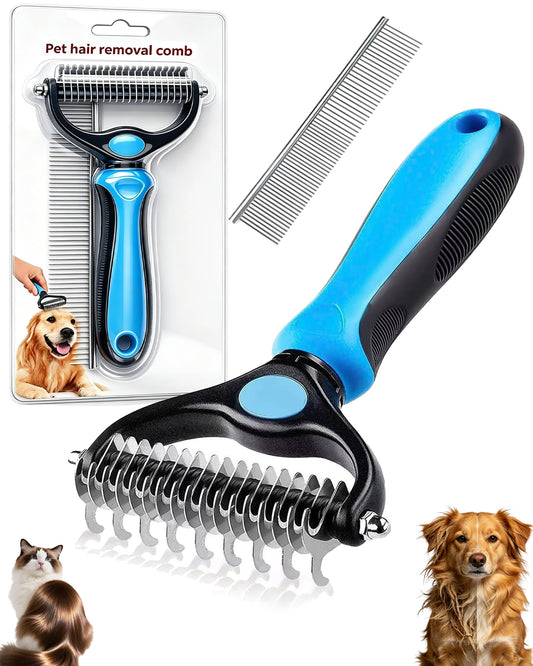 Dual-Sided Pet Grooming Comb for Dogs & Cats – 2-in-1 Dematting Brush & Undercoat Rake for Long, Thick, Curly & Double-Coated Pets (1pc-Blue)