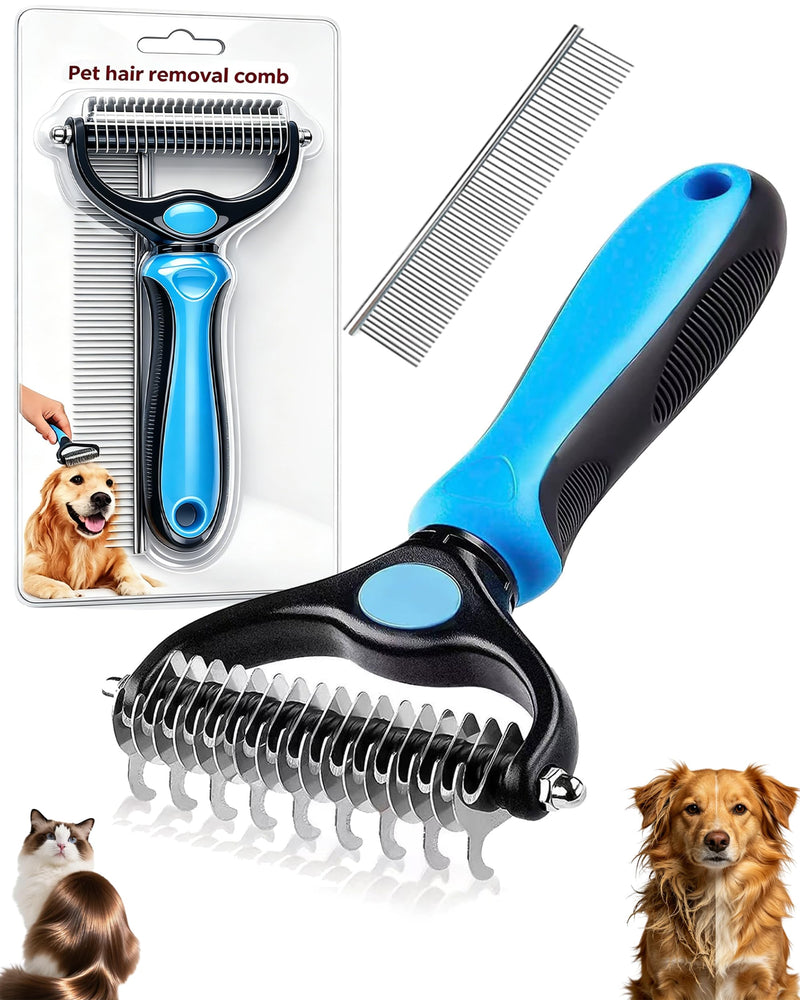 Dual-Sided Pet Grooming Comb for Dogs & Cats – 2-in-1 Dematting Brush & Undercoat Rake for Long, Thick, Curly & Double-Coated Pets (1pc-Blue)