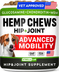 Hemp Chews for Dogs - Hip & Joint Supplement with Glucosamine - Joint Pain Relief Treats - Omega 3, Chondroitin, MSM - Advanced Mobility Support - Chicken Flavor - 120 Ct - Made in USA