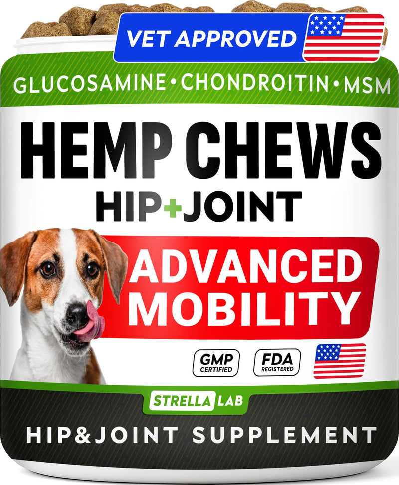 Hemp Chews for Dogs - Hip & Joint Supplement with Glucosamine - Joint Pain Relief Treats - Omega 3, Chondroitin, MSM - Advanced Mobility Support - Chicken Flavor - 120 Ct - Made in USA