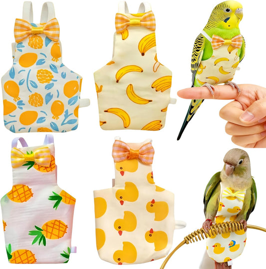 Magnoloran 4Pcs Bird Diapers Bird Harness Flight Suits Diapers Reusable Parrot Nappy with Waterproof Inner Layer Washable Cute Urine Wet Suit Costume for Cockatiel Conure Budgie Parakeet-Fruit,S