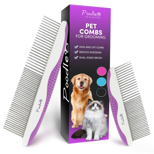 Poodle Pet Dog Combs for Grooming | 2 Pack | Stainless Steel Teeth Easily Remove Dirt | Proper Care Prevents Knots and Mats for Long and Short Haired Pets | Anti-Slip Comfort Grip Handle (Purple)