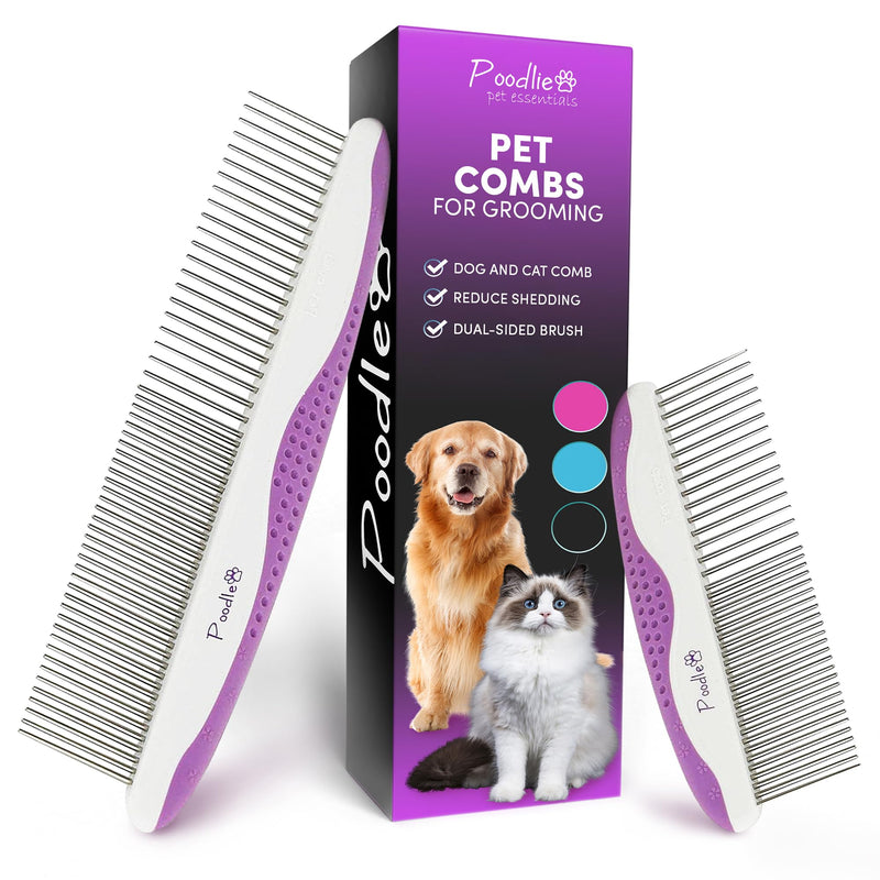 Poodle Pet Dog Combs for Grooming | 2 Pack | Stainless Steel Teeth Easily Remove Dirt | Proper Care Prevents Knots and Mats for Long and Short Haired Pets | Anti-Slip Comfort Grip Handle (Purple)