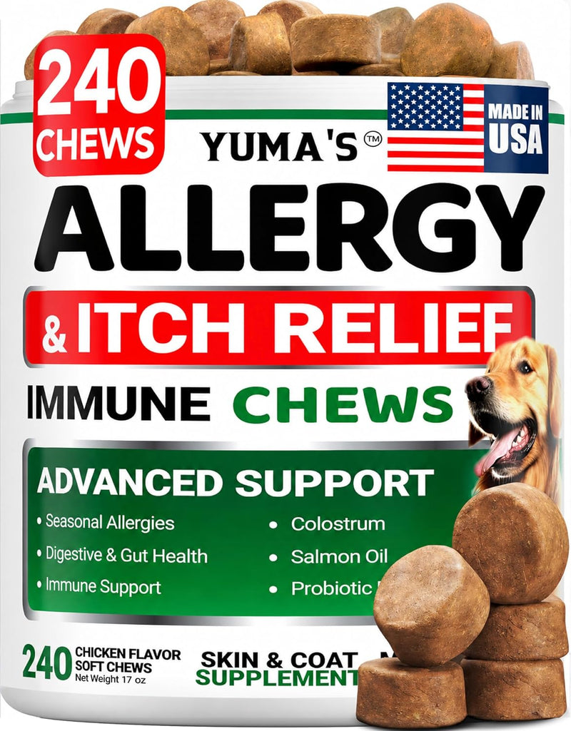 Dog Allergy Relief Chews - 240 Immune Treats - Dog Itching Skin Relief Treatment Pills - Anti-Itch - Itchy and Paw Licking - Omega 3 Fish Oil for Dogs Allergies - Dry Skin & Coat Supplement Vitamins