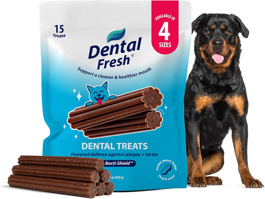 Dental Fresh Dental Treats for Large Dogs, Vet-Formulated Teeth Cleaning Dental Sticks to Help Reduce Plaque and Tartar and Freshen Breath, 15 Count Brush Free Dental Chews for Dogs 50 lbs and Up