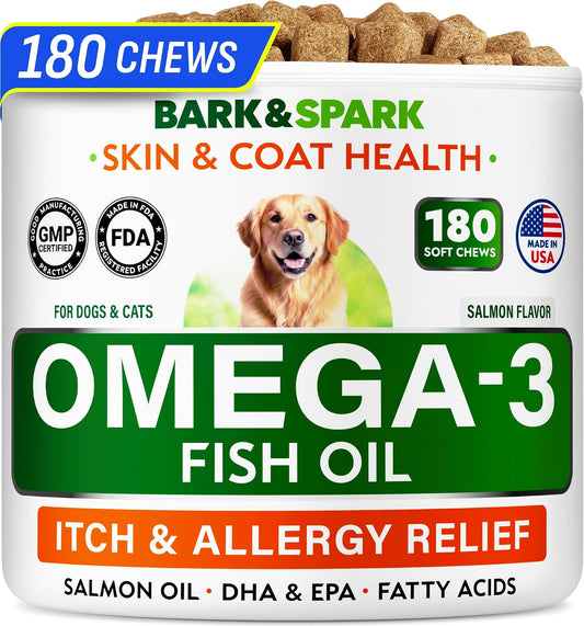 BARK&SPARK Omega 3 for Dogs and Cats-180 Fish Oil Treats for Dogs & Cats Shedding, Skin Allergy, Itch Relief, Hot Spots Treatment-Joint Health-Skin and Coat Supplement-EPA & DHA Fatty Acids-Salmon Oil