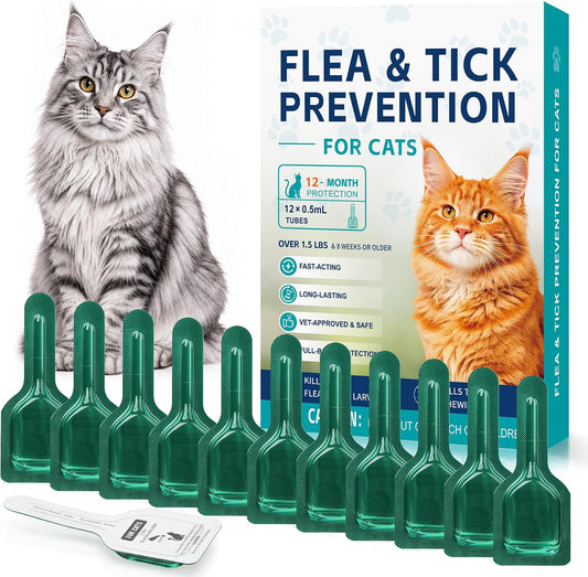 Cat Flea & Tick Topical Drops for Cats, 12 Doses, Cats 1.5 lbs+, 8+ Weeks