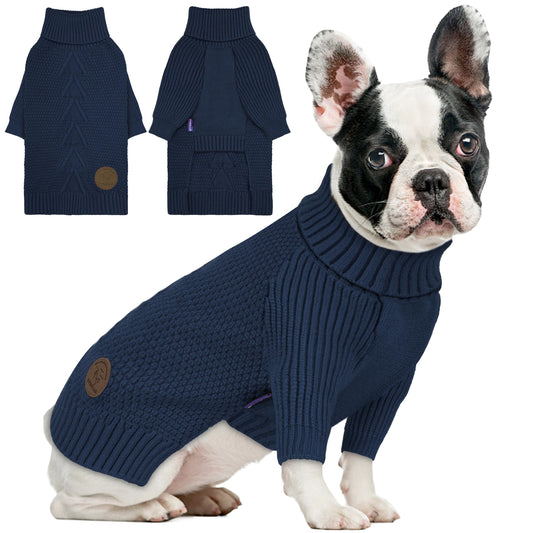 cyeollo Warm Small Dog Sweater, Knit Cold Weather Doggy Sweaters for Small Dogs Boy Pullover Winter Dog Clothes with Turtleneck for Indoor & Outdoor Wear, Navy M