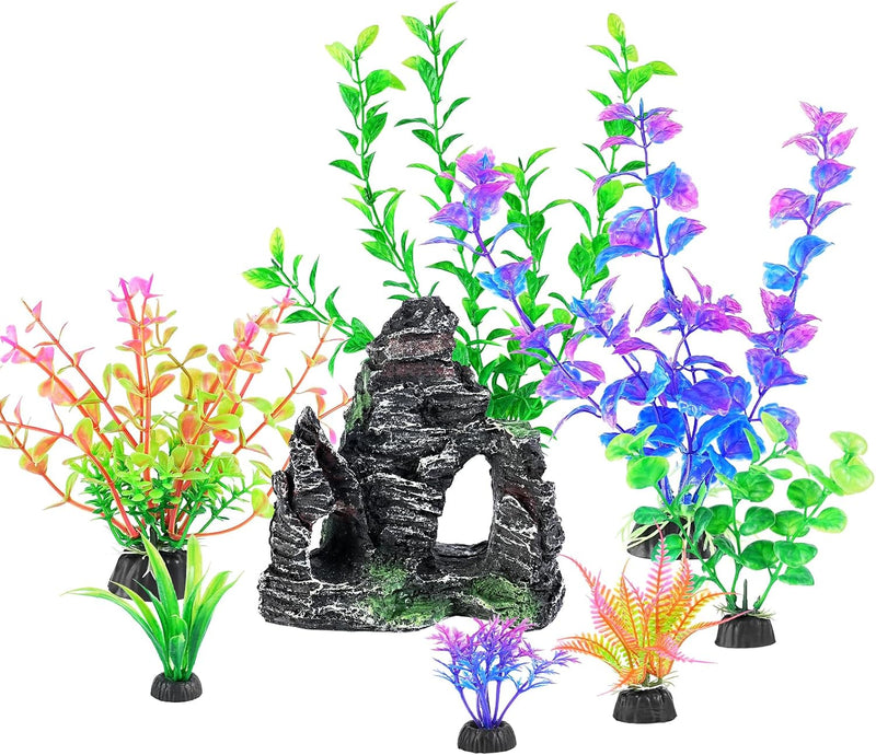 AQUANEAT Artificial Aquarium Plants, Plastic Fish Tank Decorations with Rock Cave, 8pcs