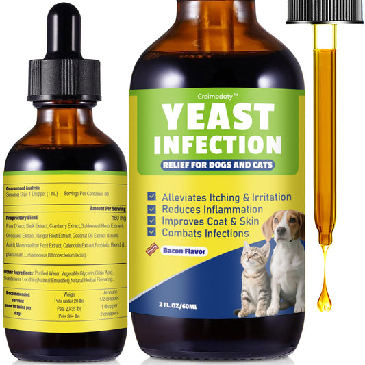 Creimpdoty Natural Yeast Relief for Dogs and Cats, Skin & Ear Soothing Drops, Itchy Skin & Ear Allergy Support, Reduces Itching, Irritation & Inflammation, Bacon Flavor, 2 FL OZ