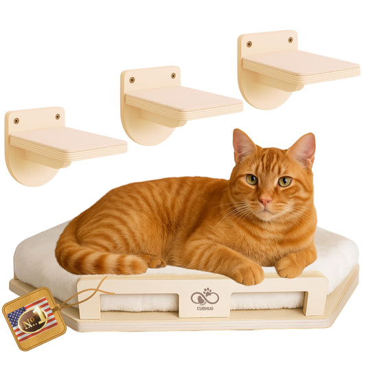 CUBHUG Cat Wall Shelves for Cats & Kitten up to 25 lb – Solid Wood Cozy Corner Bed + Cushion with 2 Washable Covers +3 Wooden Steps, Safe Haven for Indoor Cats, Cat Shelves for Wall, Wood Color