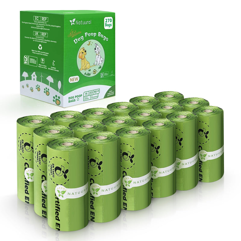 Certified Compostable Dog Poop Bags-270Bags 18Rolls, Poop Bags for Dogs Made of Cornstarch - ASTM D6400 By USA, Leakproof Easy Open, Unscented Dog Waste Bags (Green)