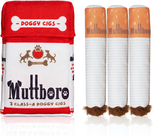 Nestpark Muttboro Doggy Cigs Funny Dog Toys - Parody Plush Squeaky Crinkle Interactive Dog Toy - Hide and Seek Treat Hiding Burrow Puzzle Toy for Stimulating Enrichment Activity