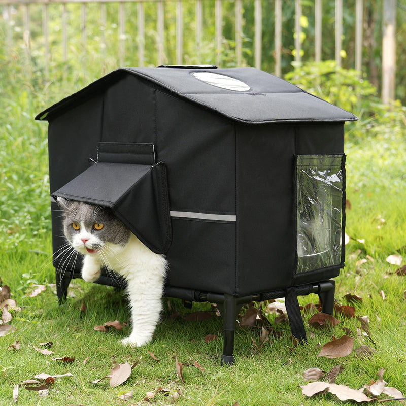 Veehoo Outdoor Cat House Weatherproof, Outside Insulated Feral Cat Shelter with Elevated Base, Waterproof Eaves & Escape Door for Stray Barn Cats, 16.9