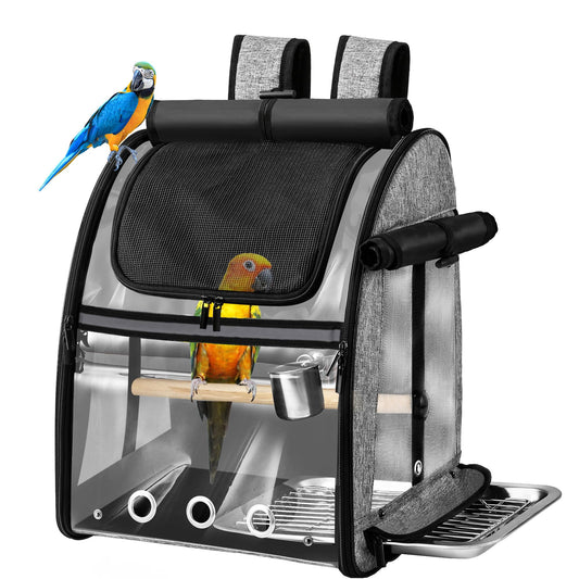 SUERTREE Bird Carrier Bag with Indestructible Stainless Steel Mesh, Bird Travel Cage with Stand, Easy to Clean Backpack for Parrot, Portable Bird Travel Bag, Grey