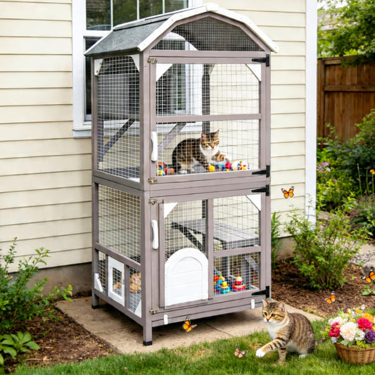 71" Catio Outdoor Cat Enclosure 4 Tiers Wooden Kitten House Cage for Indoor Cats with Removable Floor, Window Access, Upgraded Resting Box, Waterproof Roof