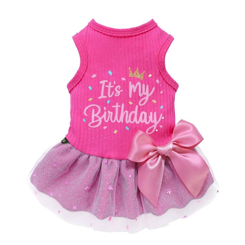 Fitwarm It's My Birthday Dog Dress - Pink, Small Dog Girl's Funny Birthday Dress with Bowknot