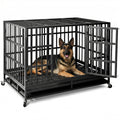 NUGRIART Escape-Proof Heavy Duty 38" Dog Crate, Indestructible Steel Kennel for Large & High-Anxiety Dogs with 300Lbs Capacity, Double Door Design with 4 Locking Wheels and Reinforced Baseplate.