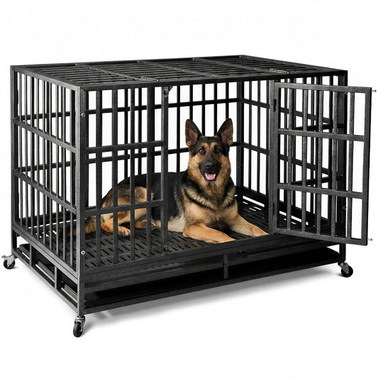 NUGRIART Escape-Proof Heavy Duty 38" Dog Crate, Indestructible Steel Kennel for Large & High-Anxiety Dogs with 300Lbs Capacity, Double Door Design with 4 Locking Wheels and Reinforced Baseplate.