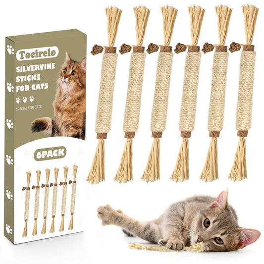 Tocirelo Silvervine Sticks Cat Toys - 6Pack Natural Cat Chew Toy Teeth Cleaning, Matatabi Dental Care Kitten Treat, Catnip Cat Teething Toys, Catmint Silver Vine Sticks for Bored Indoor Kitty