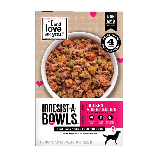 I AND LOVE AND YOU Irresist-a-Bowls Freeze Dried Dog Food - Chicken + Beef- Prebiotics, Grain Free, Filler Free, Meal Enchancer, 9oz Pouch, 4pk