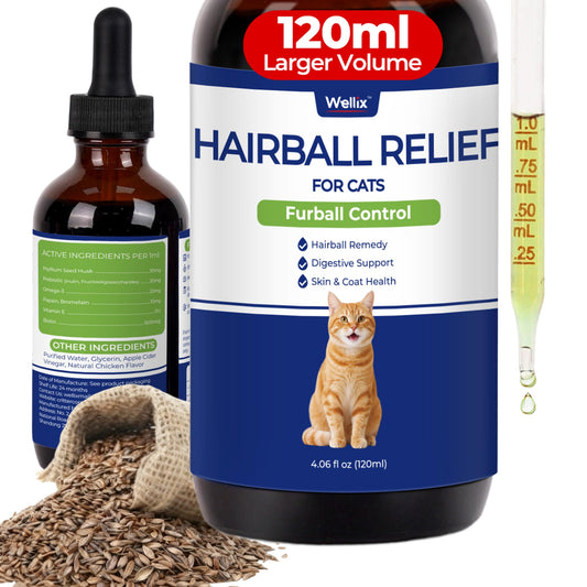 Wellix 120ml Cat Hairball Remedy Drops, Hairball Treatment & Relief for Cats, Natural Cat Furball Control Treats with Psyllium Husk, Omega 3, Support Skin & Coat, Digestive Health-Chicken Flavor