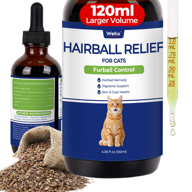 Wellix 120ml Cat Hairball Remedy Drops, Hairball Treatment & Relief for Cats, Natural Cat Furball Control Treats with Psyllium Husk, Omega 3, Support Skin & Coat, Digestive Health-Chicken Flavor