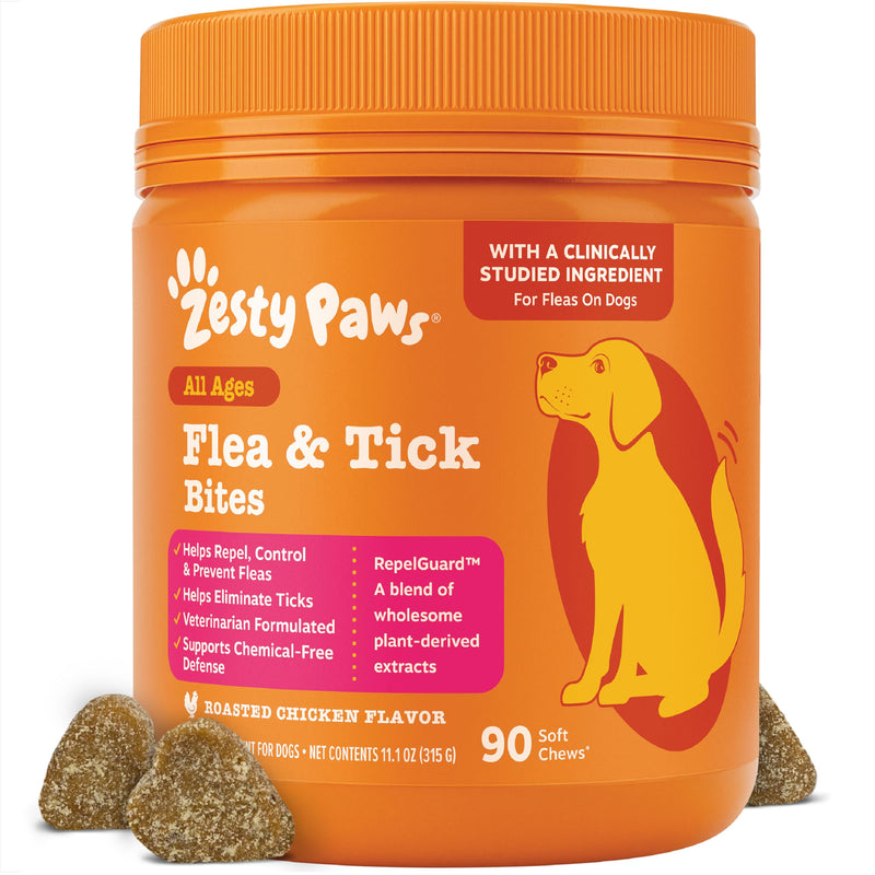 Zesty Paws Flea and Tick Prevention for Dogs Chewable - Prevention, Protection & Repellent - Dog Supplement to Kill & Control Fleas & Ticks - Roast Chicken Flavor, 90 Ct