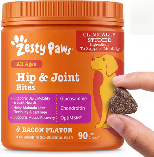Zesty Paws Hip and Joint for Dogs, Glucosamine for Dogs Hip and Joint Supplement with Chondroitin, MSM, Vitamins C & E - Bacon, 90 Count
